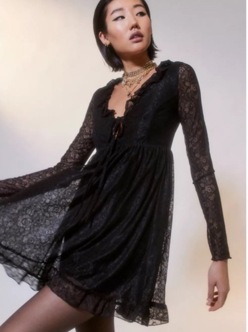 UO Janet Lace Long Sleeve Mini Dress - Picture 2 of 10